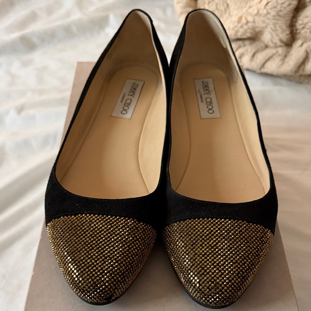 Jimmy Choo Black and Gold Embellished Flats